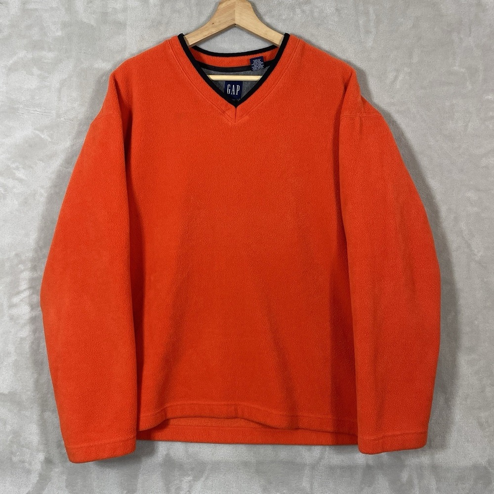 Vintage 90s GAP Fleece Pullover Mens XL V-Neck Burnt Orange Retro Deep Pile